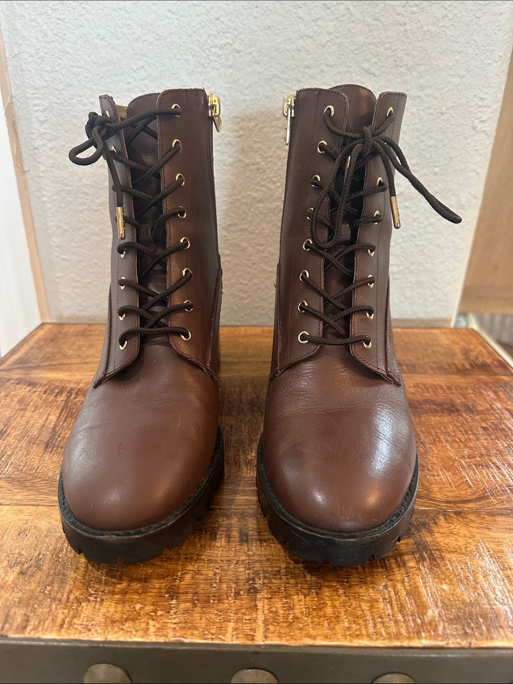Coach Brown Leather Platform Booties with Signature Monogram Cuff SZ 9B - Picture 2 of 12